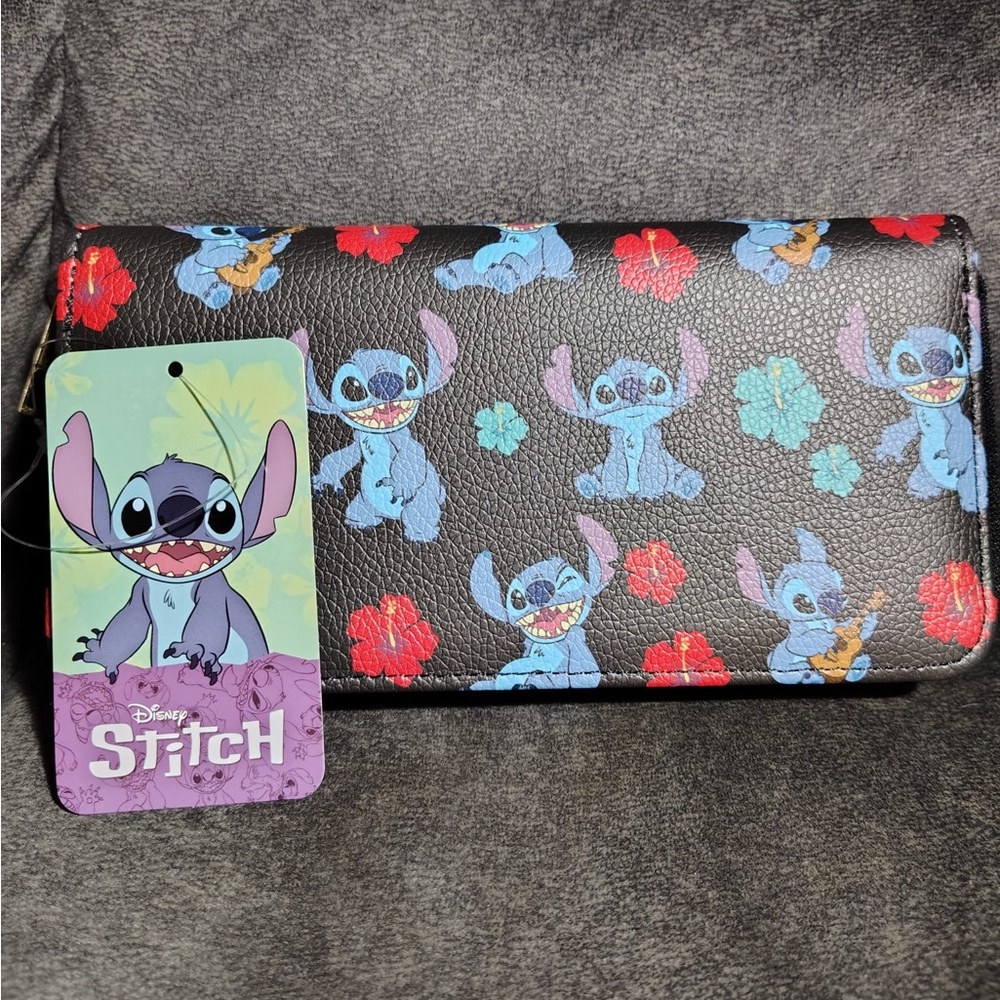 Disney Stitch Black Wallet with Red and Blue Floral Accents